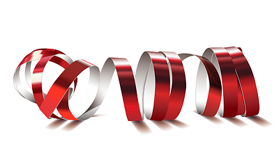 Image showing Festive red ribbon on white background. Realistic vector streamers.