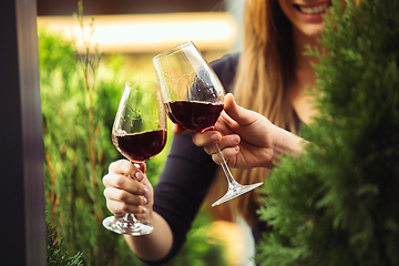 Image showing People clinking glasses with wine on the summer terrace of cafe or restaurant. Close up shot, lifestyle.