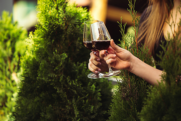 Image showing People clinking glasses with wine on the summer terrace of cafe or restaurant. Close up shot, lifestyle.