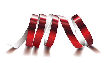 Image showing Festive red ribbon on white background. Realistic vector streamers.