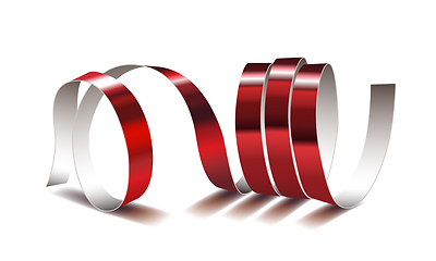 Image showing Festive red ribbon on white background. Realistic vector streamers.