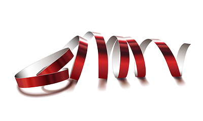 Image showing Festive red ribbon on white background. Realistic vector streamers.