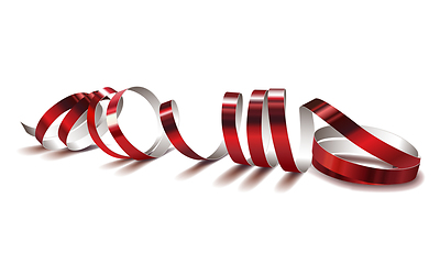 Image showing Festive red ribbon on white background. Realistic vector streamers.