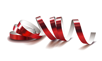Image showing Festive red ribbon on white background. Realistic vector streamers.