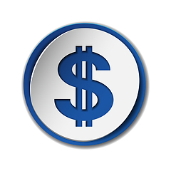 Image showing dollar symbol with two vertical lines on round sticker with blue backdrop