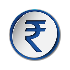 Image showing Rupee currency symbol on round sticker with blue backdrop.