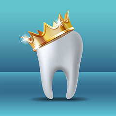 Image showing Realistic white Tooth in golden crown. Tooth care dental medical stomatology vector icon.