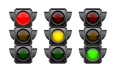 Image showing Traffic lights with all three colors on.