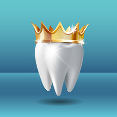 Image showing Realistic white Tooth in golden crown. Tooth care dental medical stomatology vector icon.