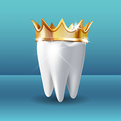 Image showing Realistic white Tooth in golden crown on blue background