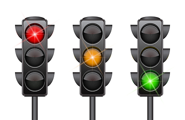 Image showing Traffic lights with all three colors on.