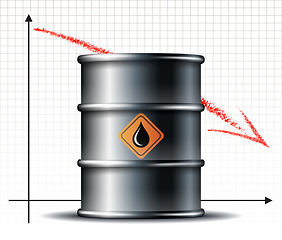 Image showing Oil barrel price falls down chart and Black metal oil barrel