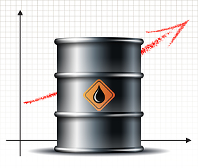 Image showing Oil barrel price rises chart and Black metal oil barrel with black oil drop