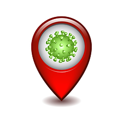 Image showing Red map point with coronavirus. Vector iluustration