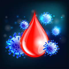 Image showing Blood testing concept with blood drop and virus disease cells