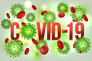 Image showing The word COVID-19 with Coronavirus icon and Virus background with disease cells