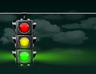 Image showing Realistic traffic lights with green lamp on, hanging in night sky.