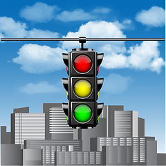 Image showing Traffic lights with all three colors on hanging against blue sky with clouds and cities buildings.