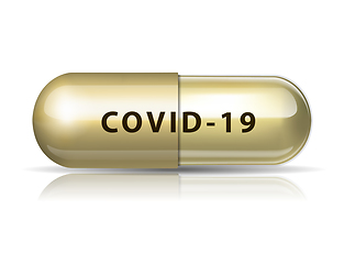 Image showing Pill with sign covid-19 on white background.