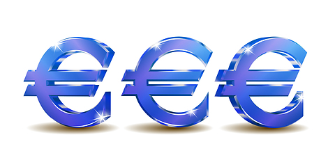 Image showing Set of Blue shining euro sign in three different positions