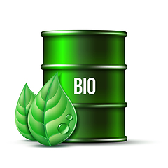 Image showing Green barrel of biofuel with word BIO and green leaves isolated on white