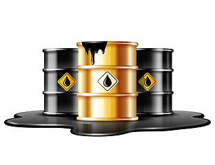 Image showing Black and gold barrels with oil drop label on spilled puddle of crude oil.