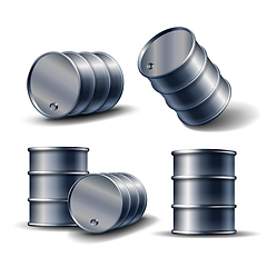 Image showing Set of Black metal oil barrel in different position isolated on white