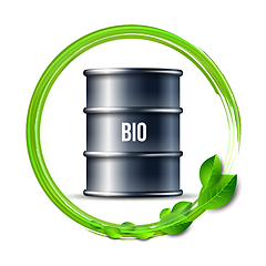 Image showing Black barrel of biofuel with word BIO and green leaves isolated on white