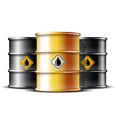 Image showing Black and gold barrels with oil drop label. Vector illustration
