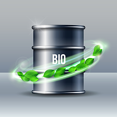 Image showing Black barrel of biofuel with word BIO and green leaves isolated on white