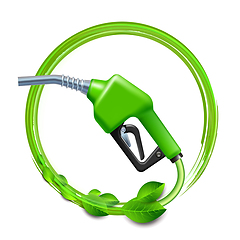 Image showing Green Fuel handle pump nozzle and hose with green leaves.