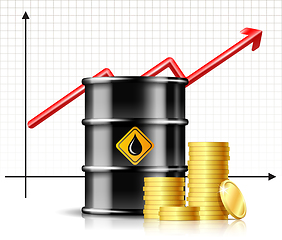 Image showing Oil barrel price rises chart and Black metal oil barrel with stack of gold coins.