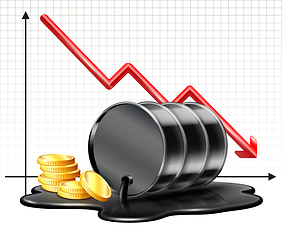 Image showing Oil barrel price falls down chart and Black oil barrel is lying in spilled puddle