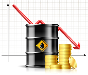 Image showing Oil barrel price falls down chart and Black oil barrel with stack of gold coins