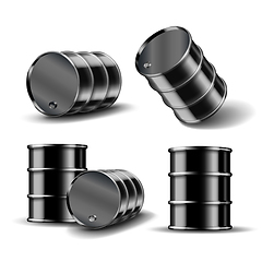 Image showing Set of Black metal oil barrel in different position isolated on white