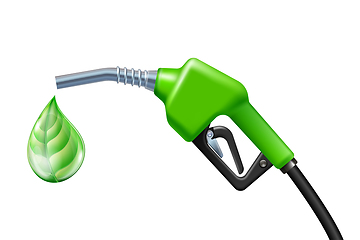 Image showing Drop like a green leaf dripping from Fuel handle pump nozzle with hose.