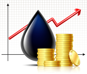 Image showing Oil barrel price rises chart and Black drop of oil with stack of gold coins.