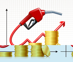 Image showing Rising Price of Gas. Fuel handle pump nozzle with hose like price rises chart