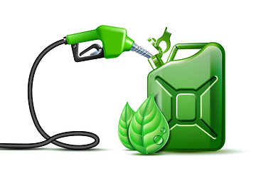 Image showing Biofuel. Gas pump nozzle and Green jerrycan with green leaves isolated on white background,