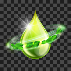 Image showing Green glossy drop with green leaves, environment conceptual design.