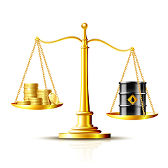 Image showing Classic scales with an oil barrel and gold coins, on white background