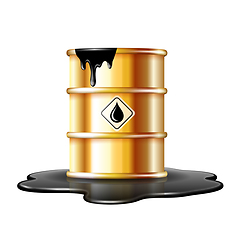 Image showing Gold barrel with oil drop label on spilled puddle of crude oil.