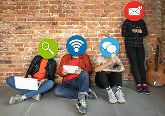 Image showing Creative millenial people connecting and sharing social media. Modern UI icons as heads