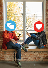 Image showing Creative millenial people connecting and sharing social media. Modern UI icons as heads