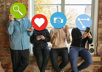 Image showing Creative millenial people connecting and sharing social media. Modern UI icons as heads