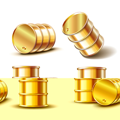 Image showing Set of Golden metal oil barrel in different position isolated on white