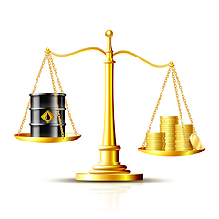 Image showing Classic scales with an oil barrel and gold coins, on white background