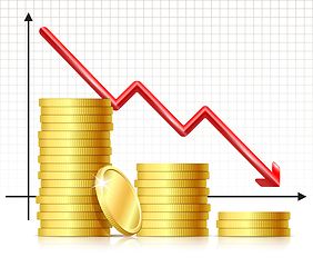 Image showing Arrow of the chart falls down and several stacks of gold coins.