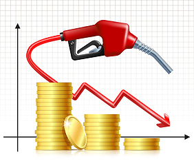 Image showing Falling Price of Gas. Fuel handle pump nozzle with hose like price falling graph