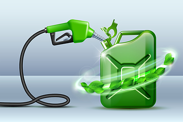 Image showing Biofuel. Gas pump nozzle and Green jerrycan with green leaves. Biofuel concept.